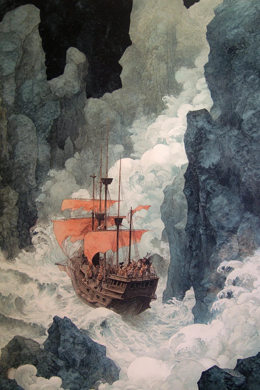Piratenschiff trotzt gewaltigen Wellen um eine felsige Insel