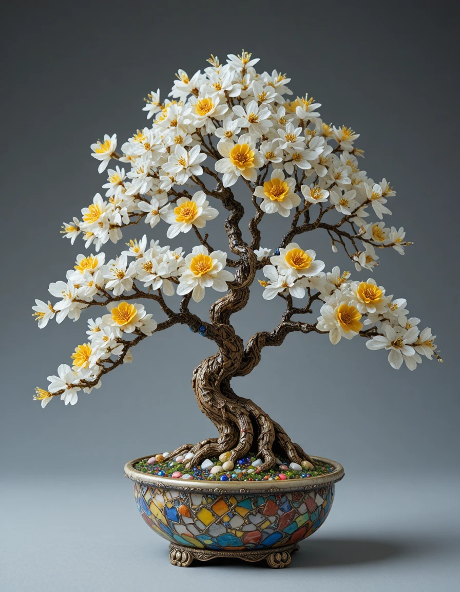 Glas-Bonsai mit weißem Laub und goldenen Blüten