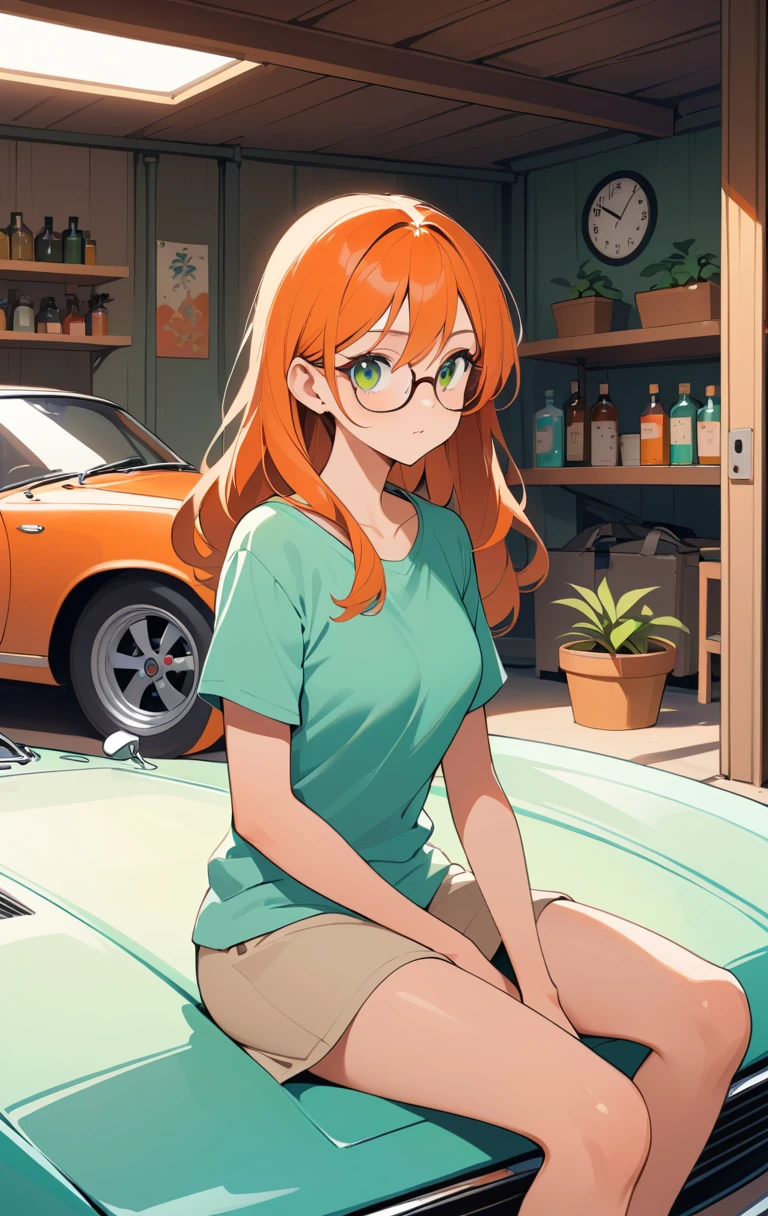 Young woman on red sports car in cozy garage