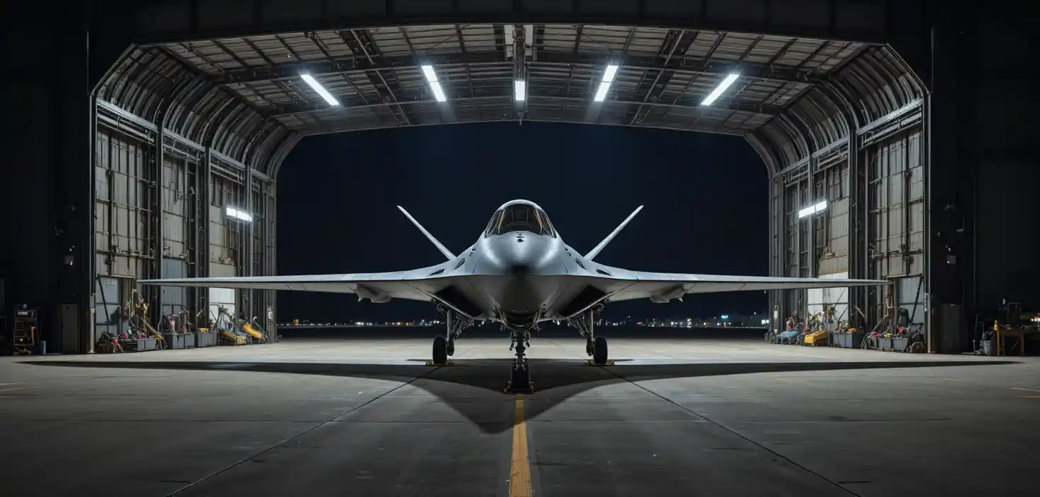 Bombardiere stealth in un hangar militare illuminato debolmente