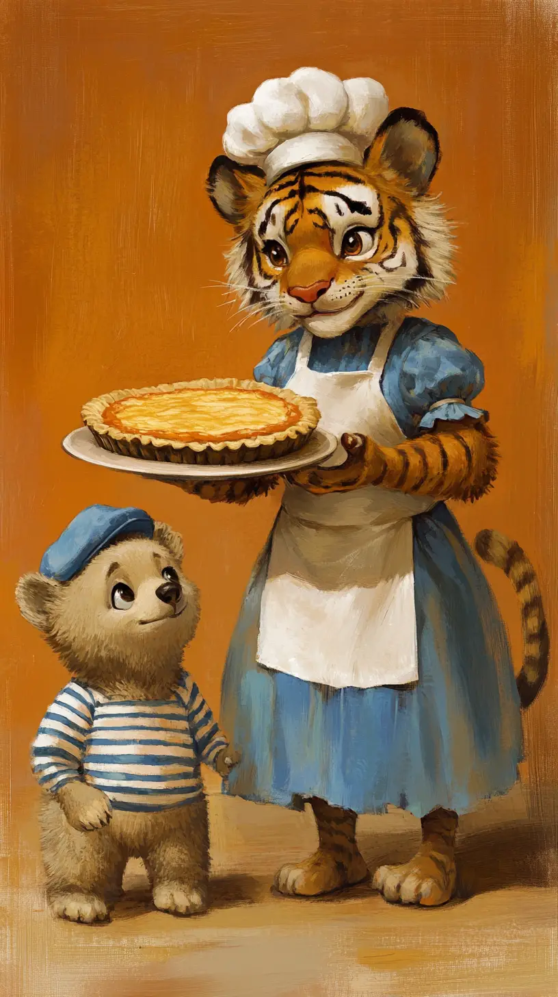 Tiger cook serving pie to a curious bear cub