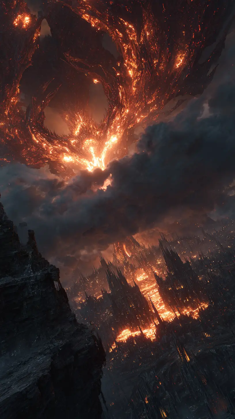 Ancient magma phoenix rising over gothic cathedral ruins