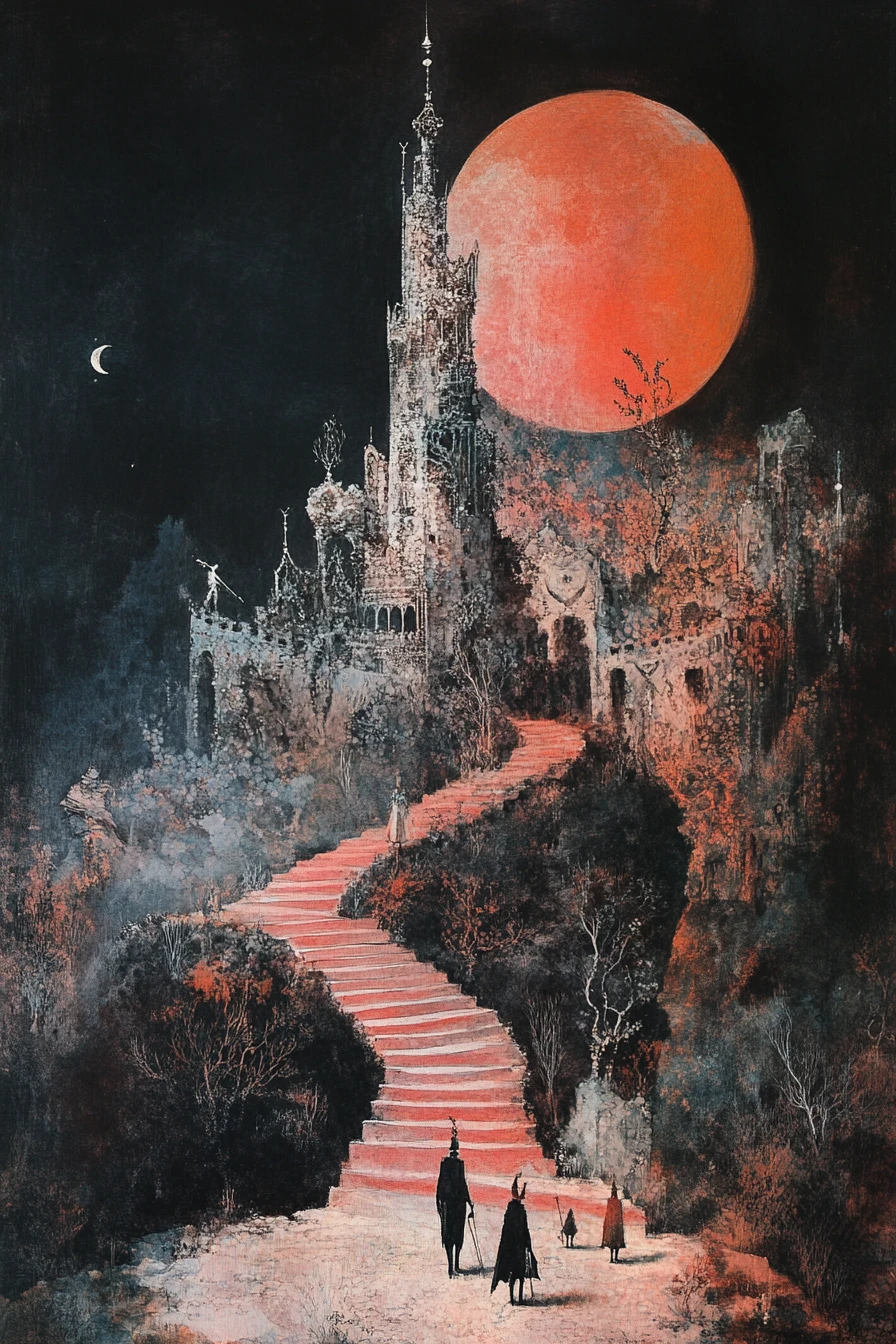 Bold adventurers approach a towering mysterious fantasy structure