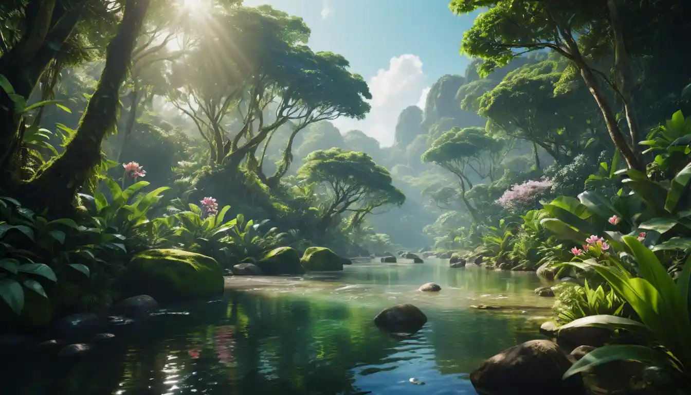 Foresta tropicale illuminata dal sole con fiume in dettagli cinematografici