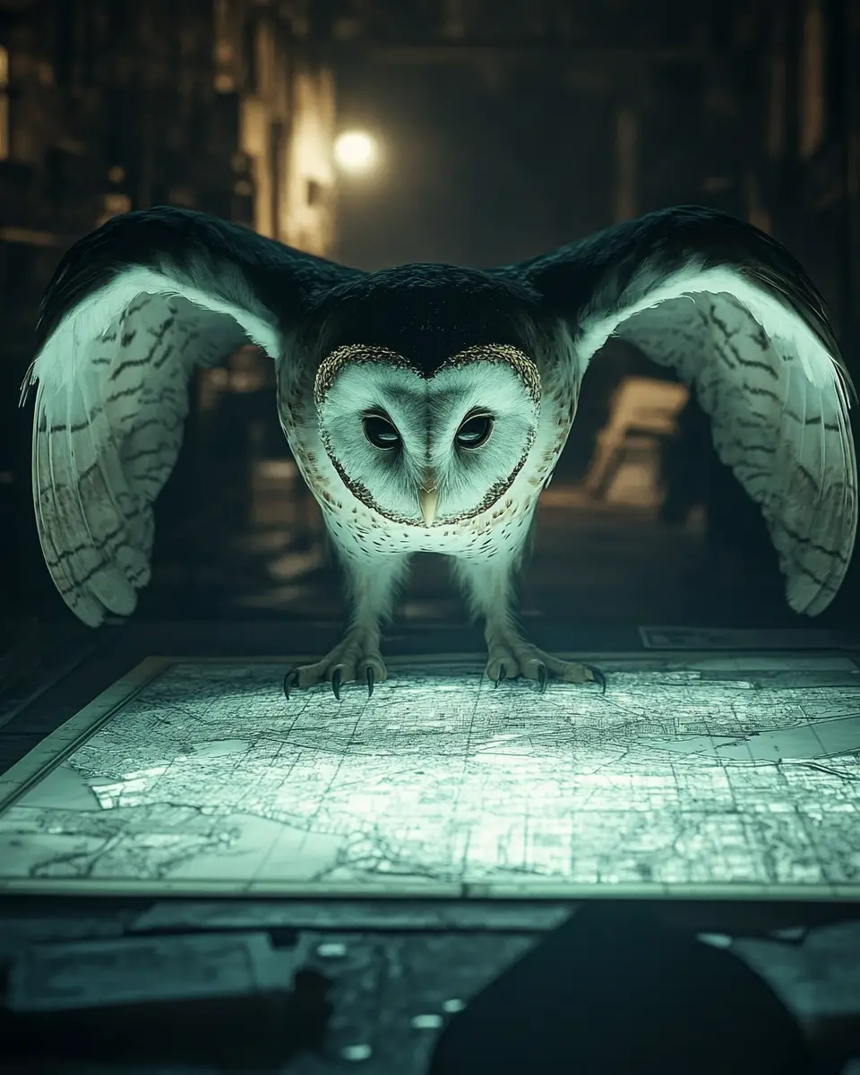 Owl mastermind over glowing city map in underground war room