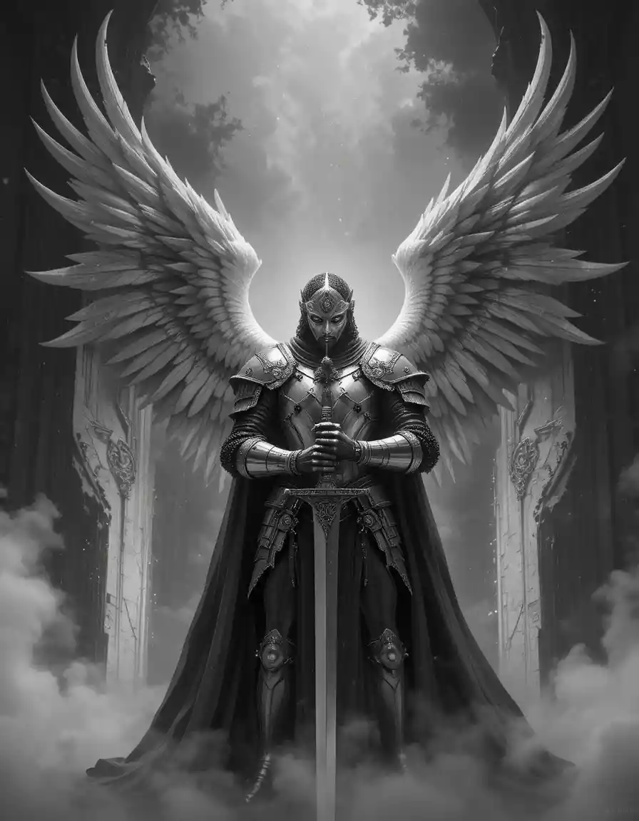 Angel knight with lowered sword in dramatic black and white
