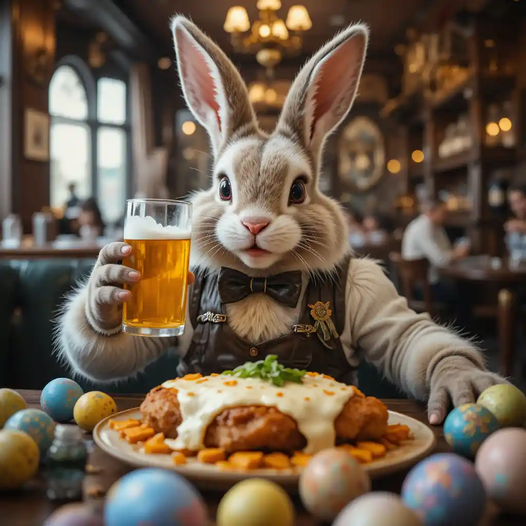 Easter rabbit in a pub drinking beer at a table