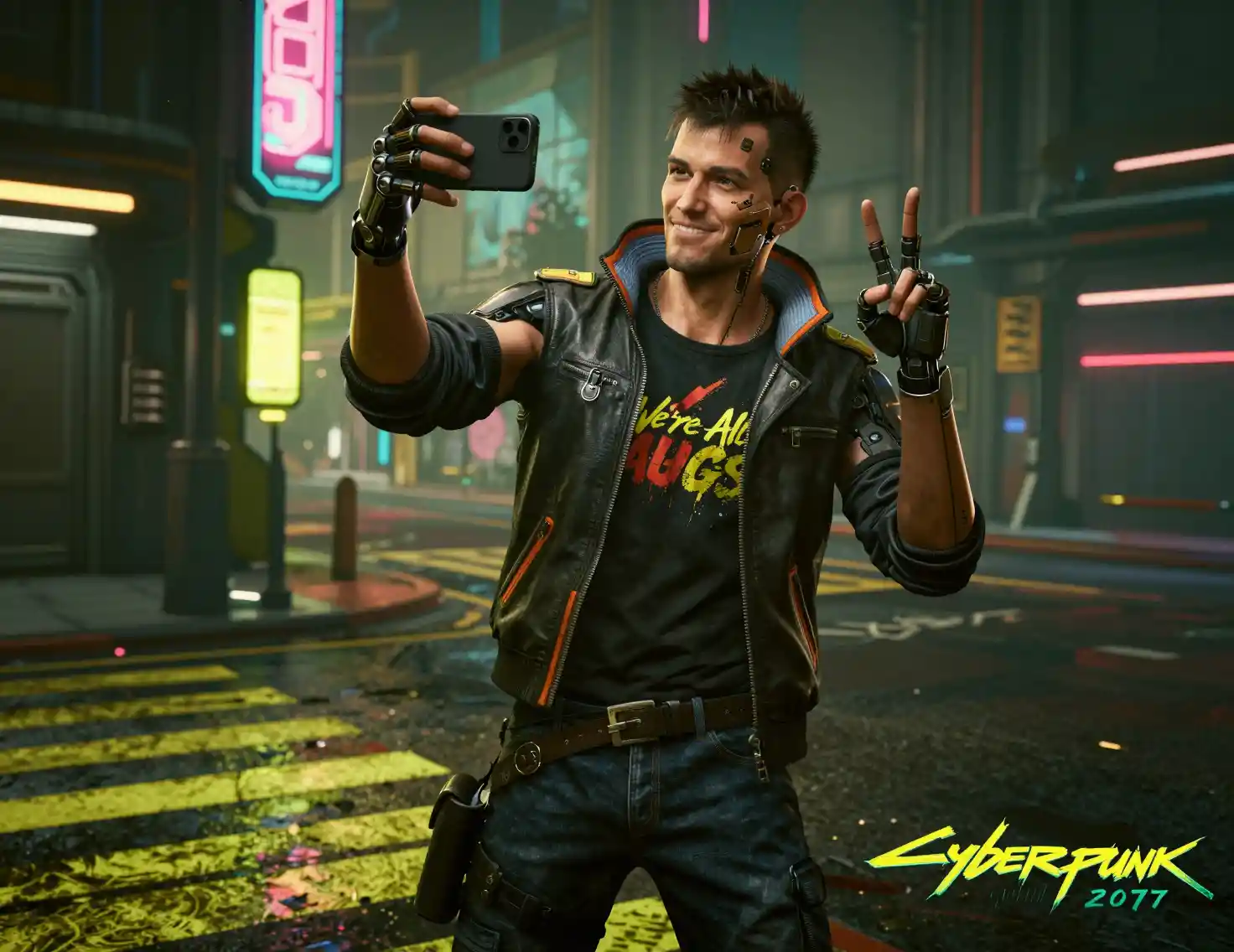 Cyberpunk man taking a selfie in neon city street