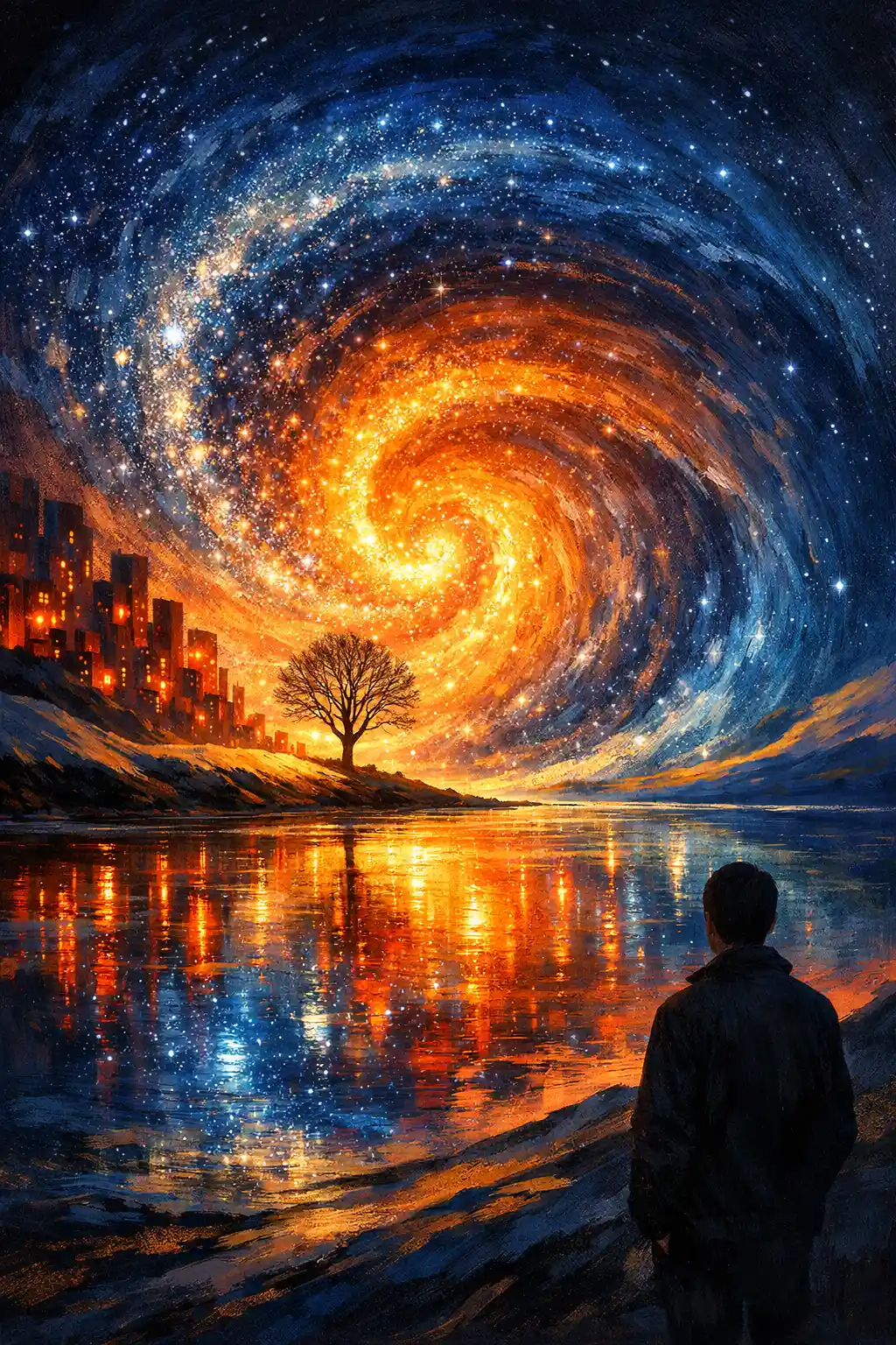Vortice cosmico surreale sopra acqua riflettente e figura solitaria