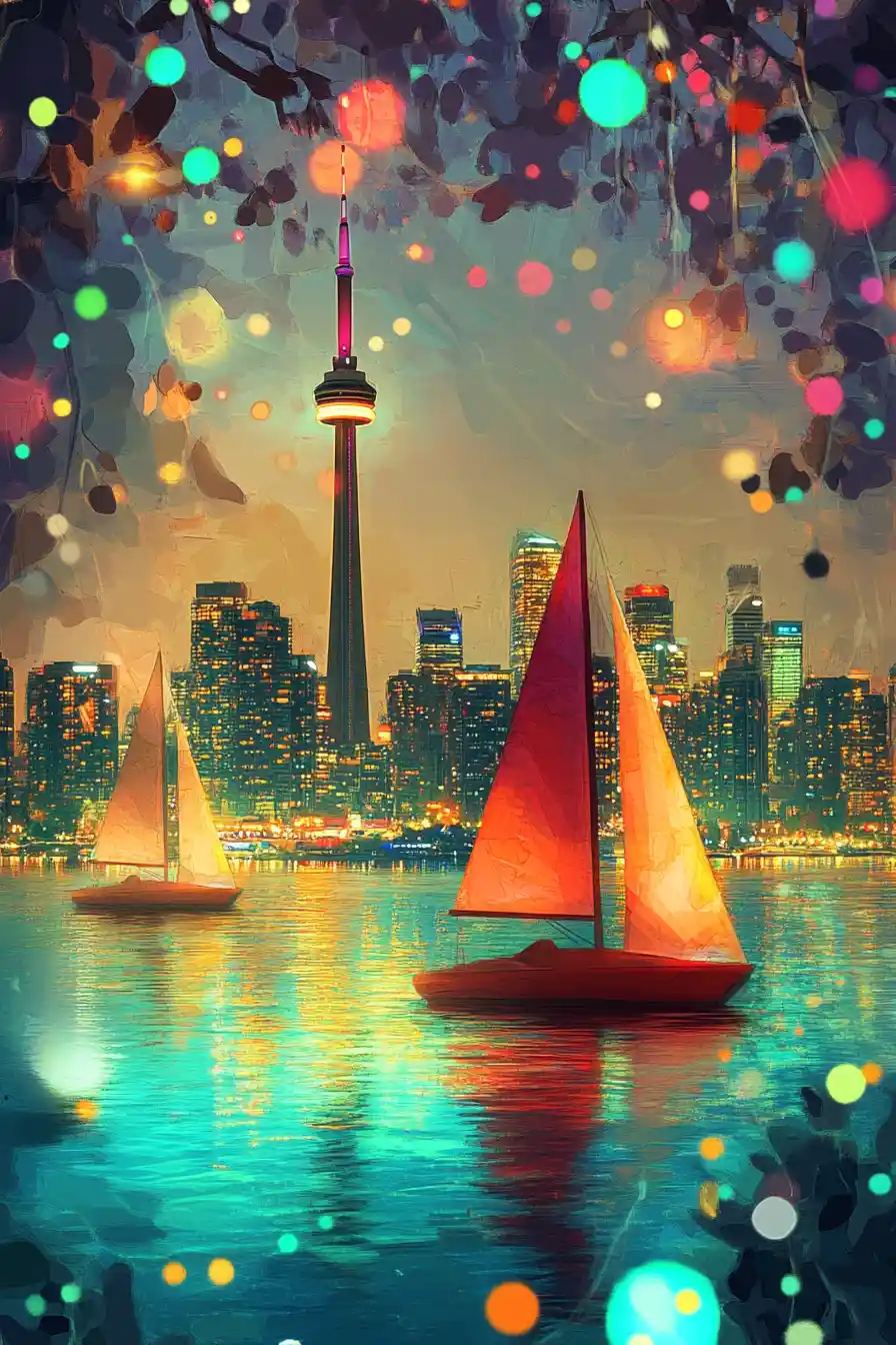 Dreamy sailboats on neon city waterfront at night