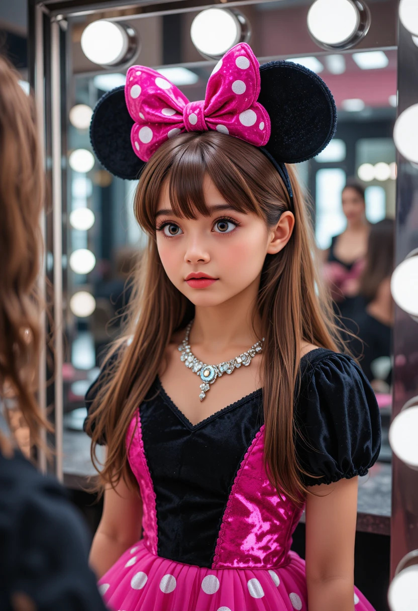 Boy in pink Minnie dress in boutique dressing room