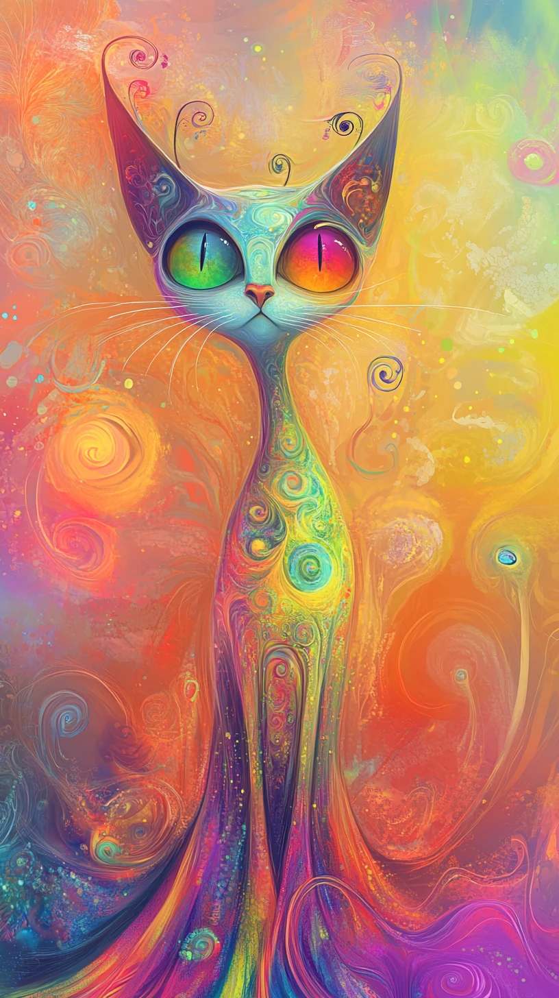 Gatto cartoon spiritoso in primo piano su sfondo astratto arcobaleno