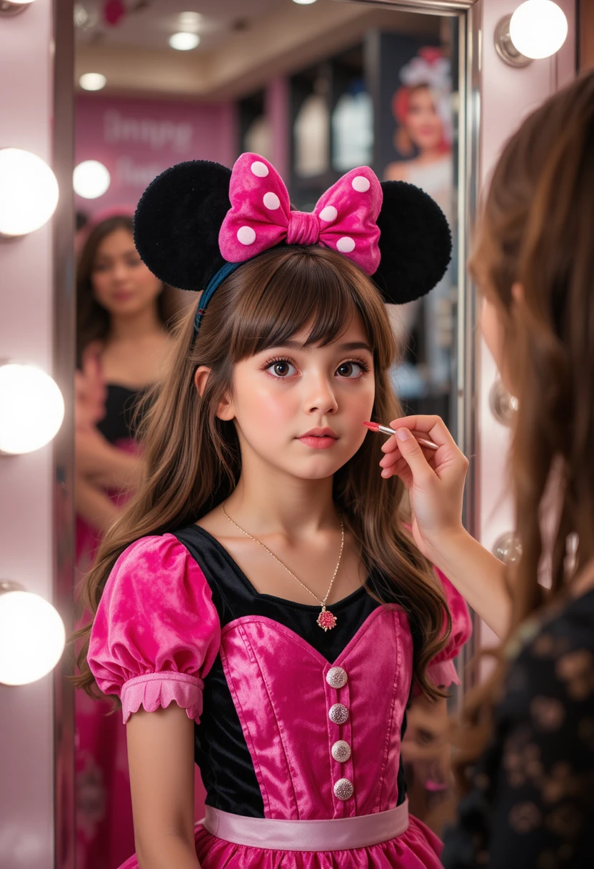 Giovane ragazzo in abito di Minnie guarda una trasformazione di trucco