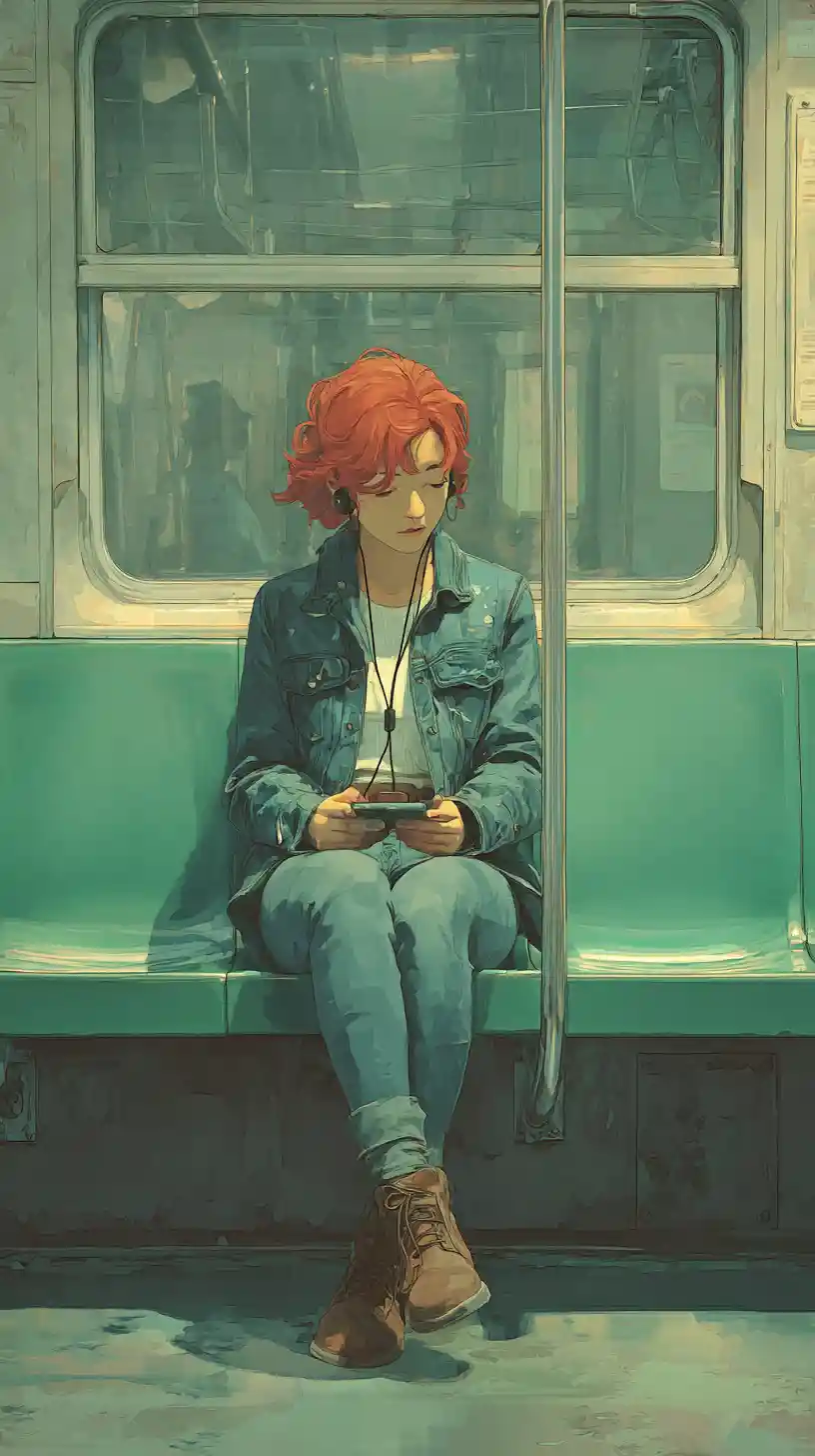 Uomo dai capelli rossi su una panchina verde della metro con auricolari