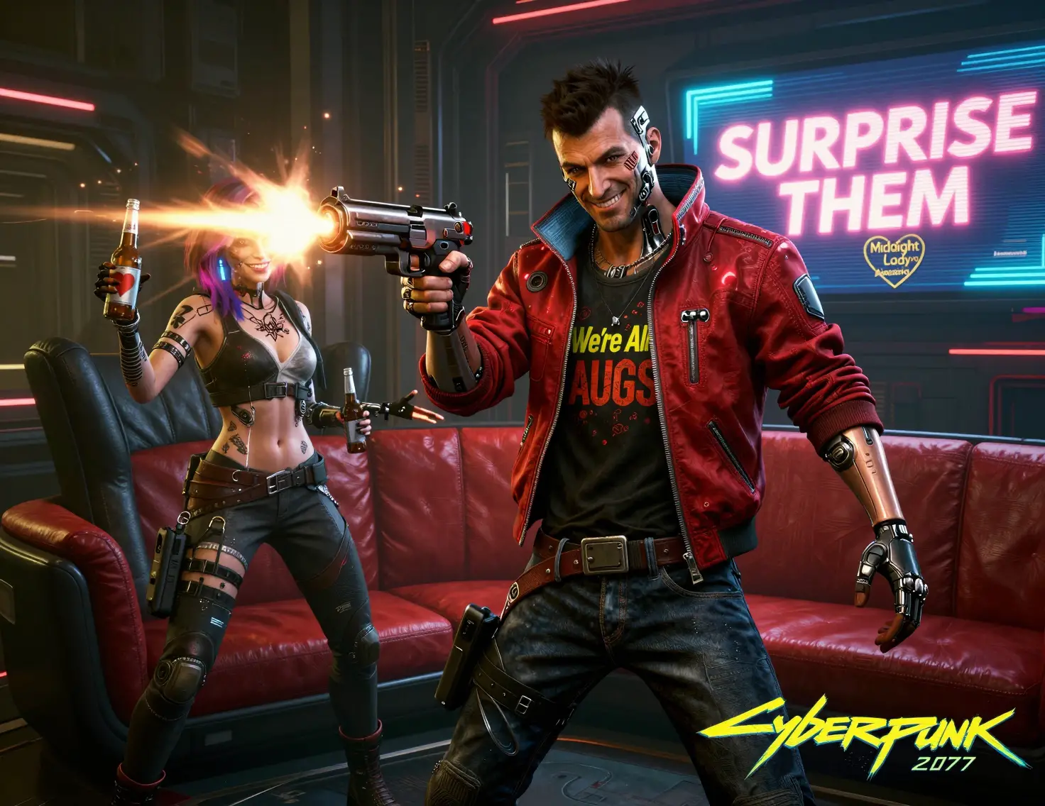 Hombre aumentado disparando una pistola de neón en una habitación cyberpunk