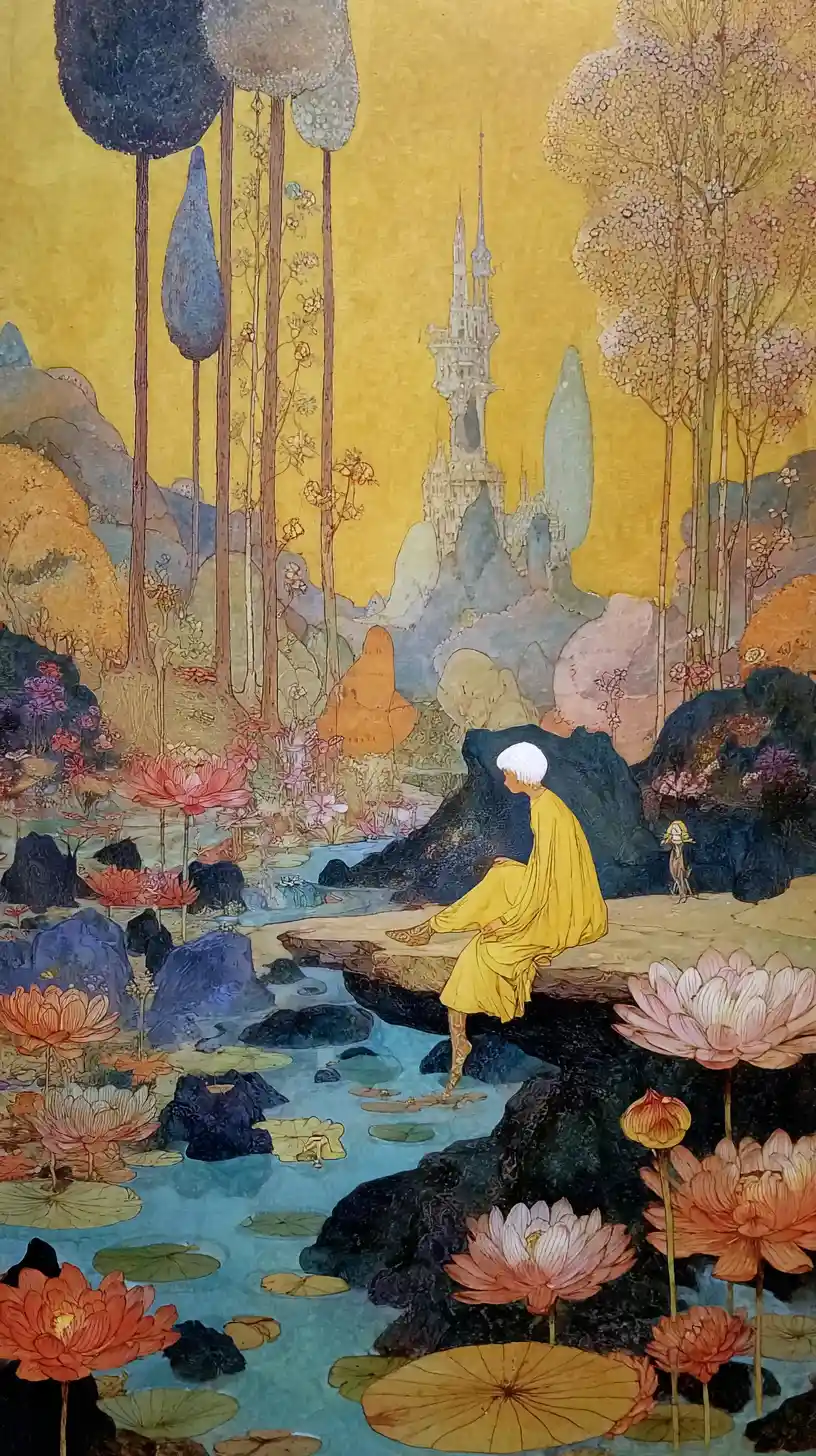 Elder bohemian woman sitting in a lotus flower