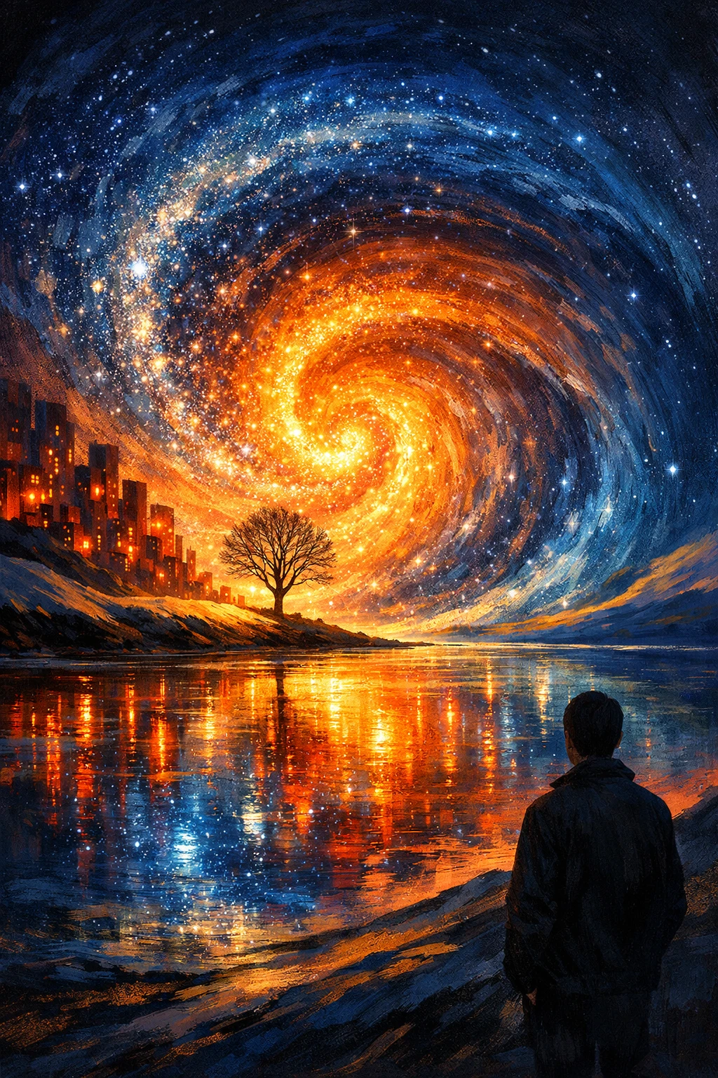 Vortice cosmico surreale sopra acqua riflettente e figura solitaria