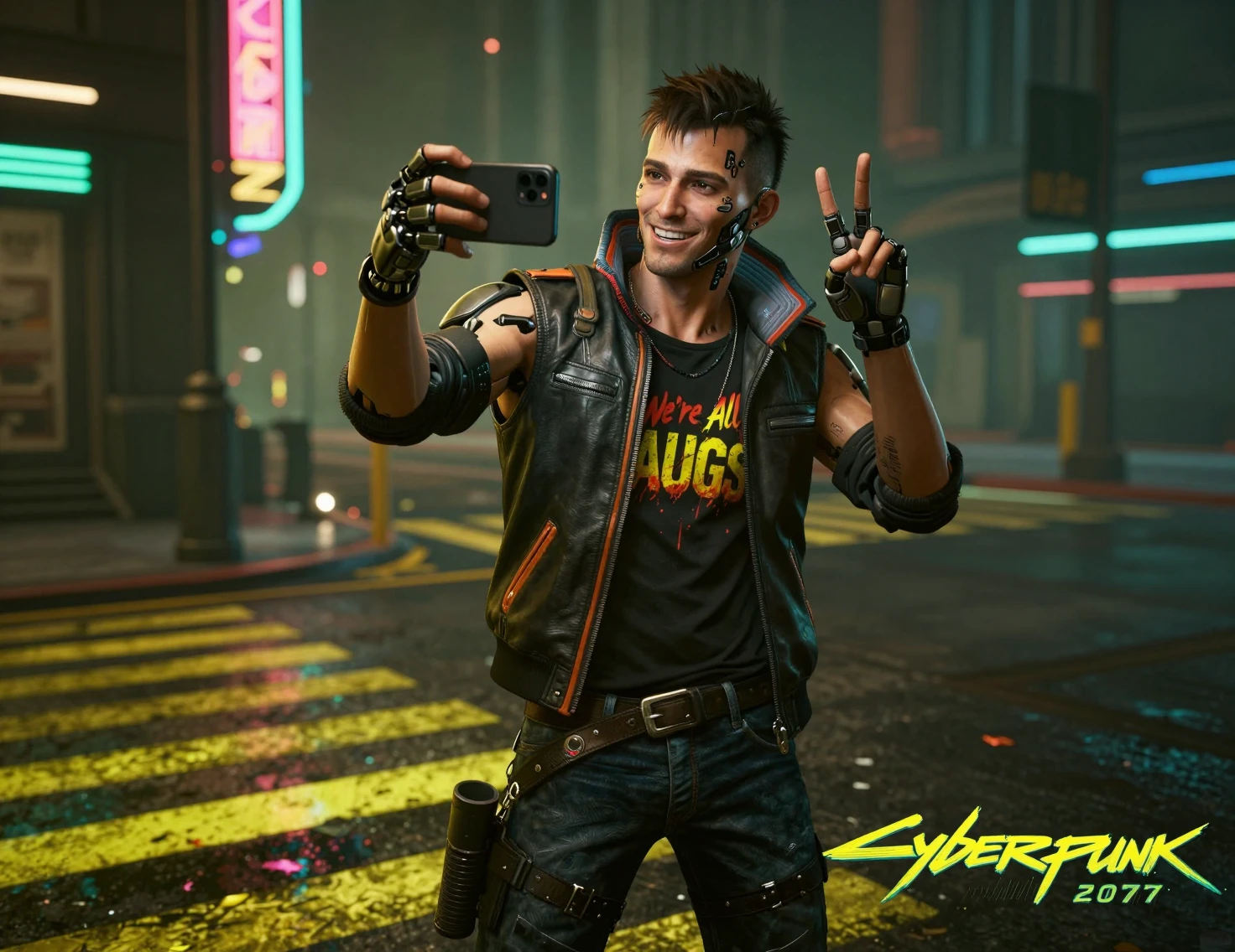 Homem cyberpunk tirando selfie em rua neon da cidade