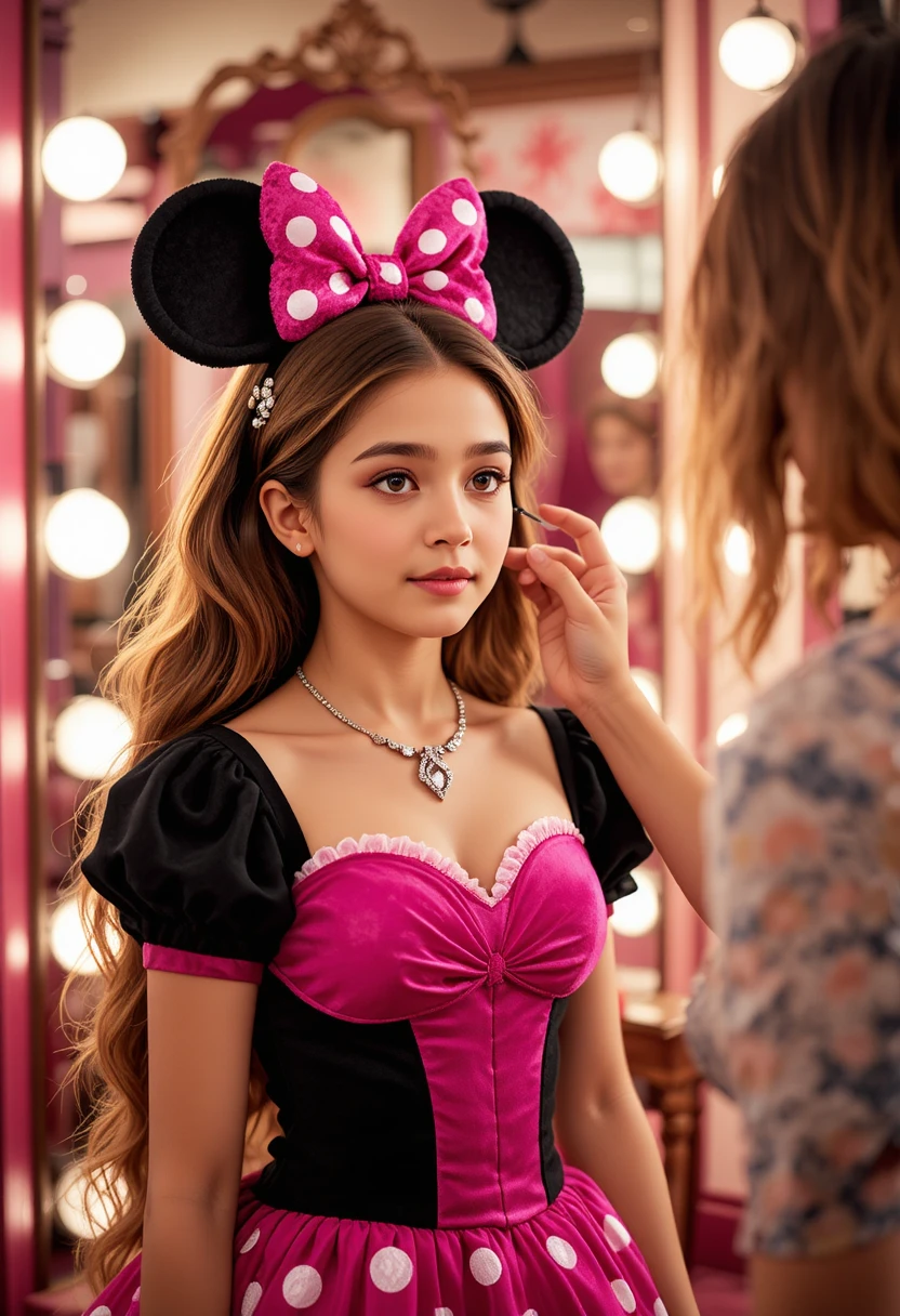 Giovane ragazzo con vestito di Minnie Mouse in camerino trucco boutique