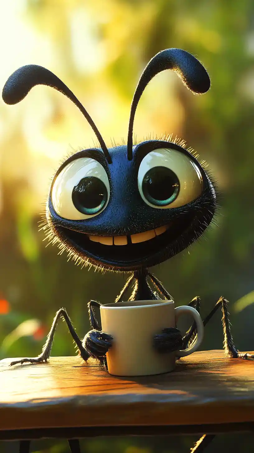 Allegra formica cartoon con una tazza in una foresta soleggiata