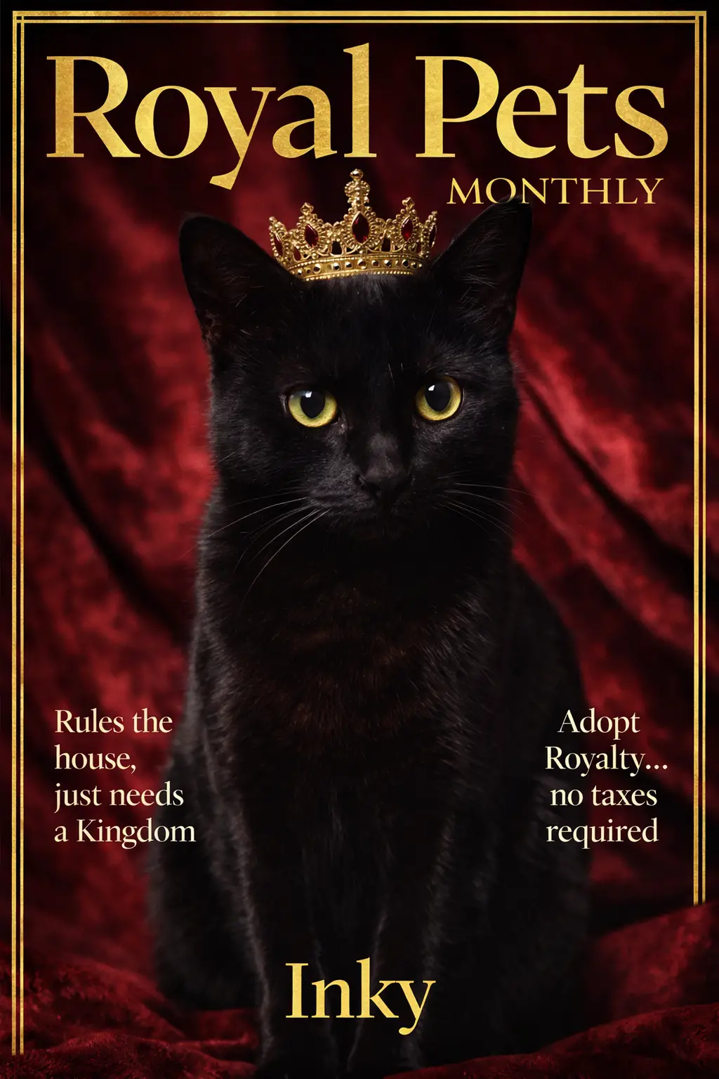 Black cat portrait with crown in soft studio lighting