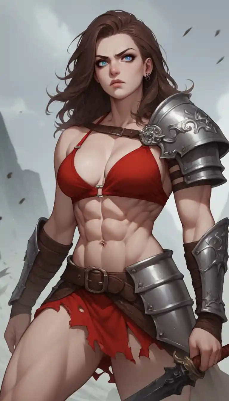 Armored warrior woman in red bikini with fierce expressions