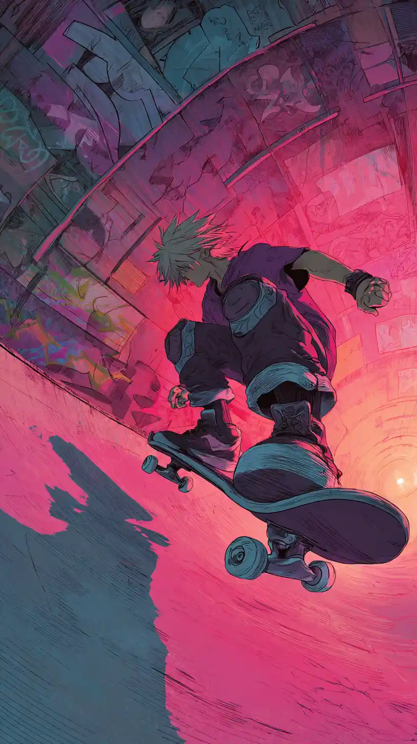 Skater anime che esegue un trick in una vivace scena halfpipe