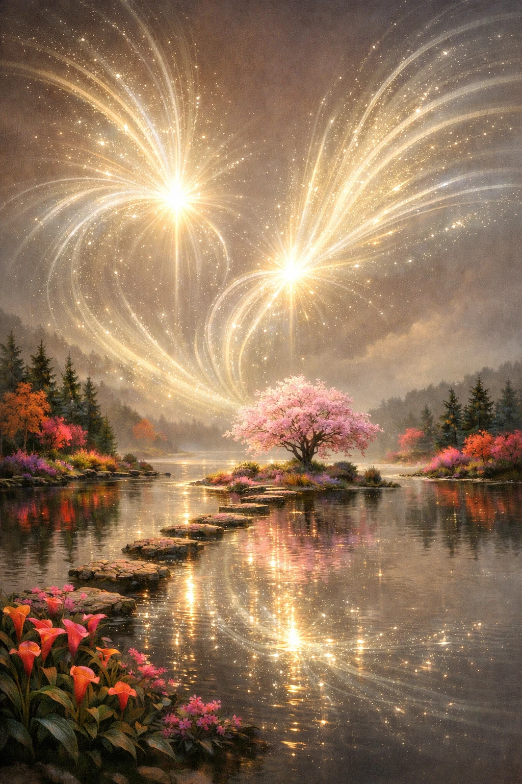 Surreales leuchtendes Licht über einem ruhigen, spiegelnden See