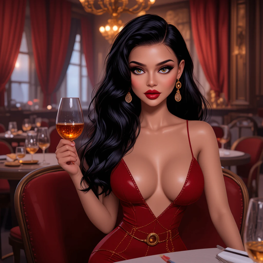 Elegante donna in abito rosso che si rilassa in un ristorante accogliente