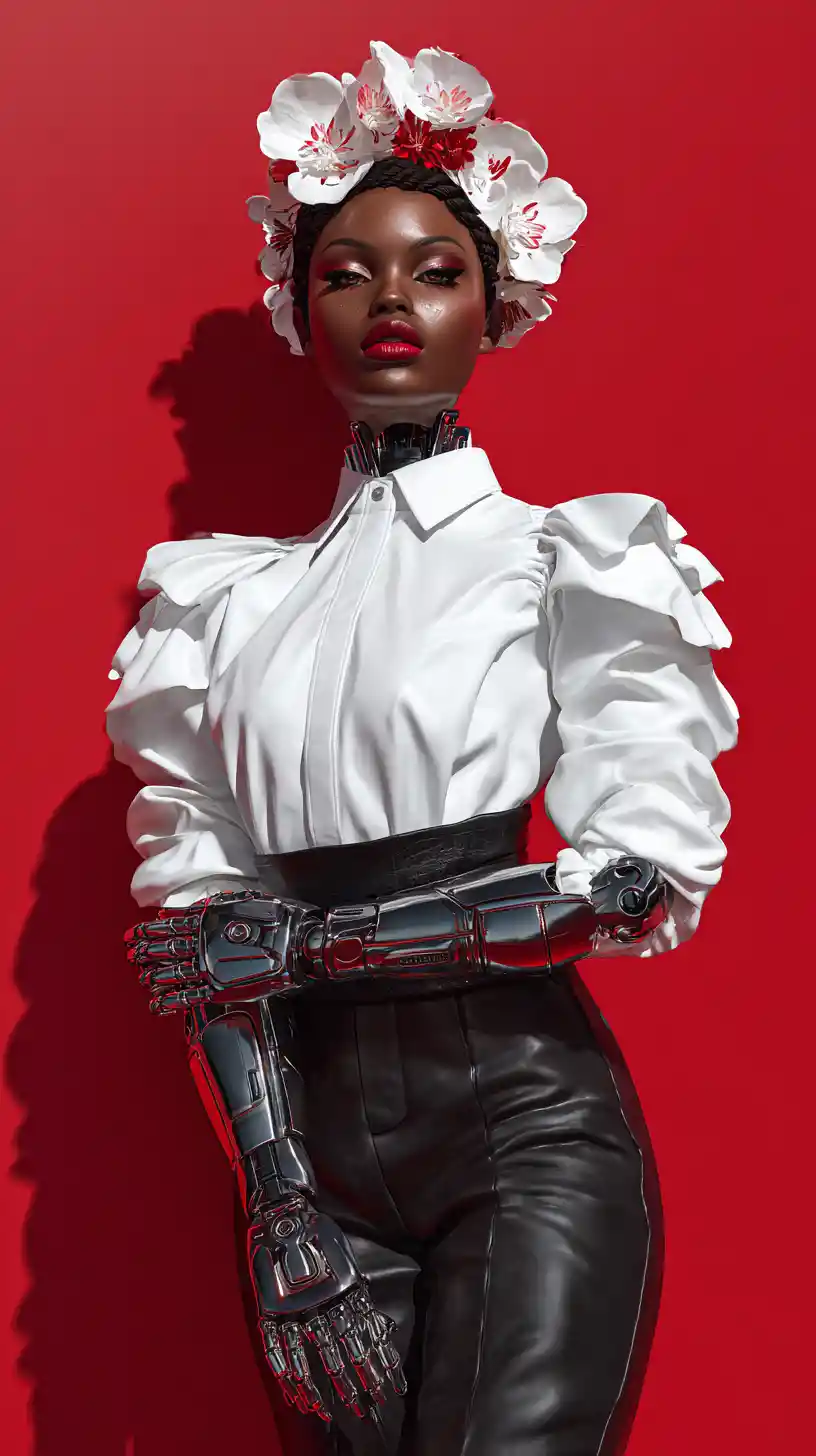 Donna afrofuturista con camicia bianca e arti robotici