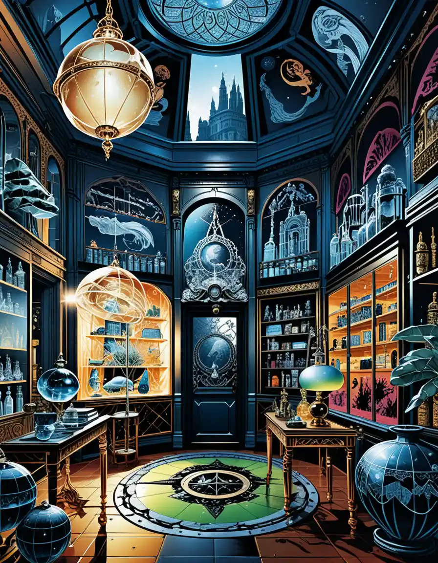 Interni di boutique mistica pieni di sontuose esposizioni occulte