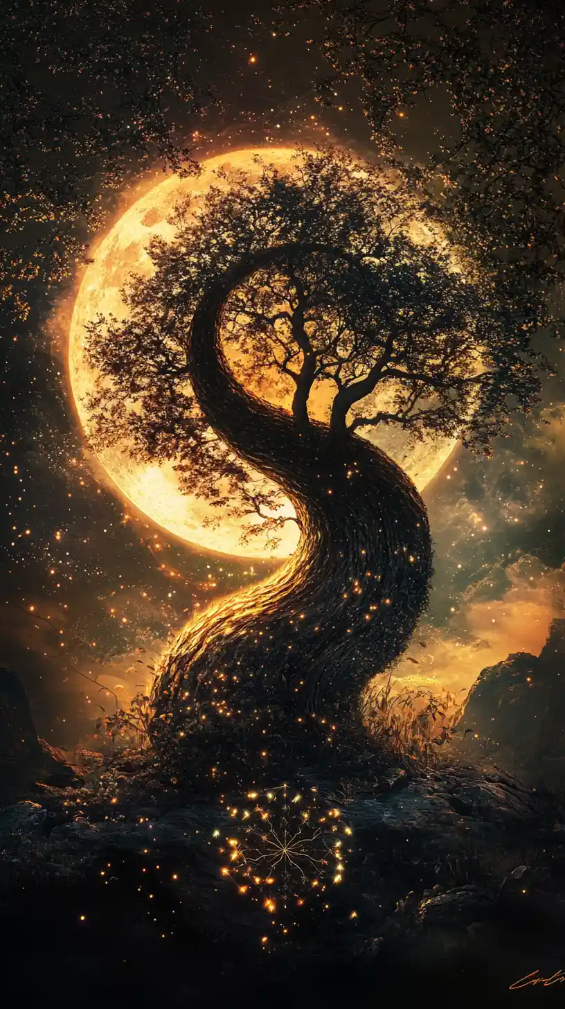 Symmetrical yin yang symbol formed by two detailed trees