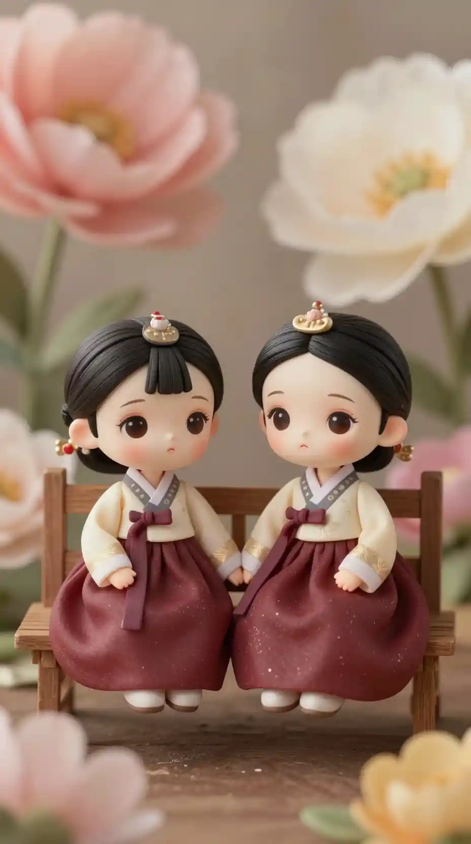 Bambole chibi in hanbok che si tengono per mano su panchina di legno
