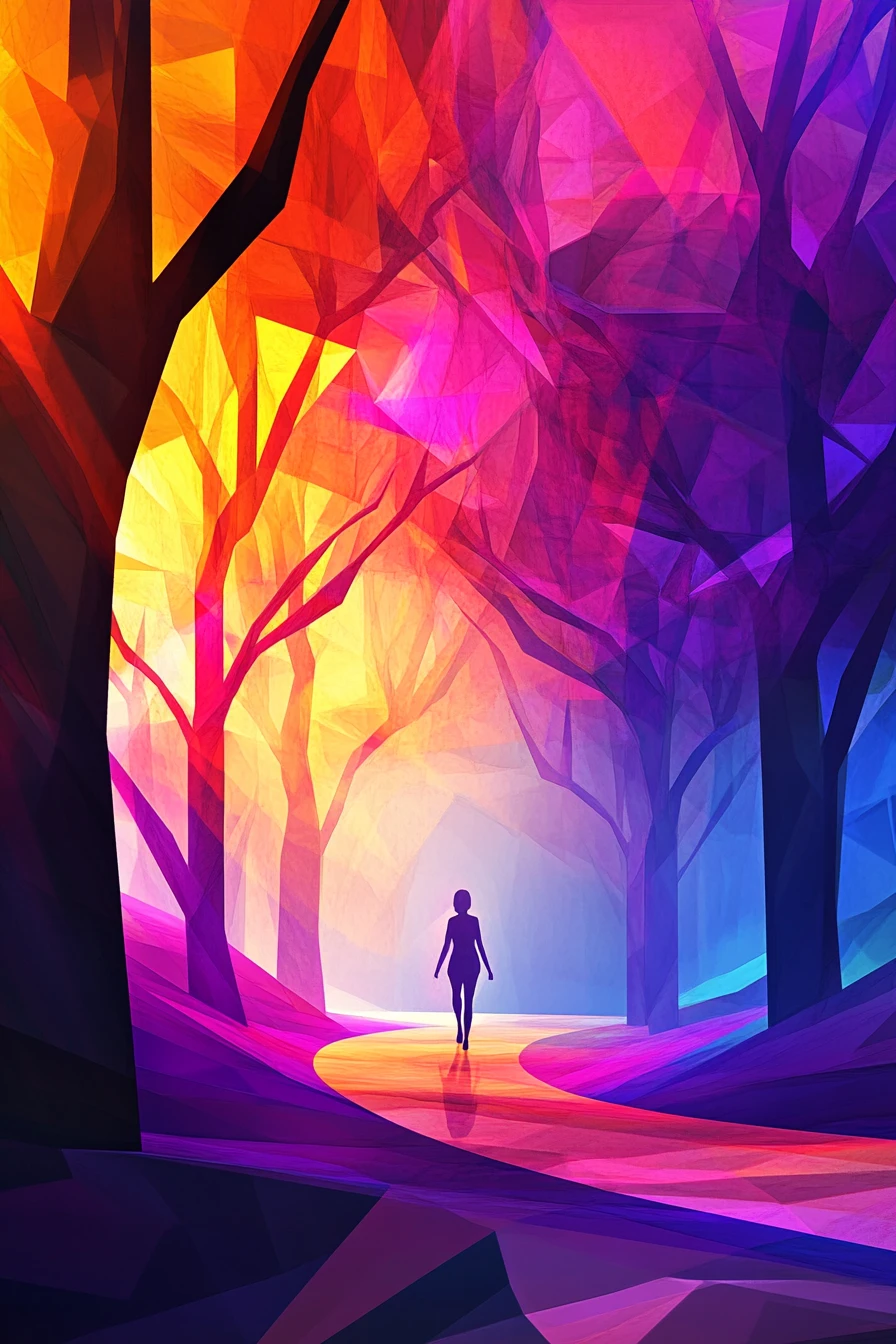 Low-Poly-abstrakte Bäume im lebhaft wirbelnden Nebel