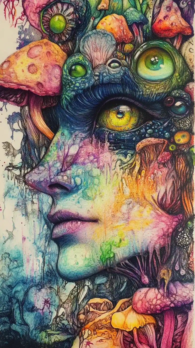 Surreal goblin close up with hypnotic eyes in dreamlike color