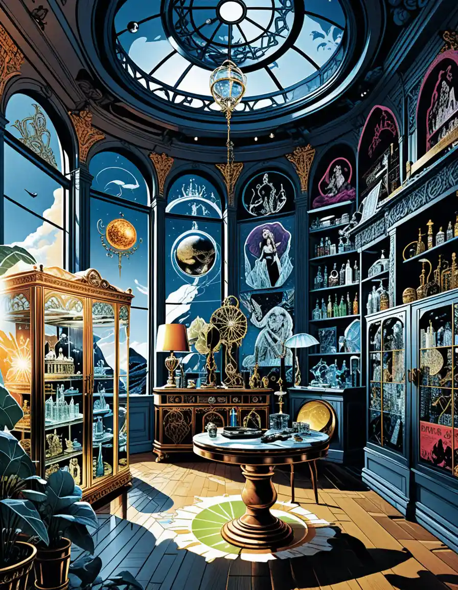 Enchanted boutique interior of astrology and occult treasures