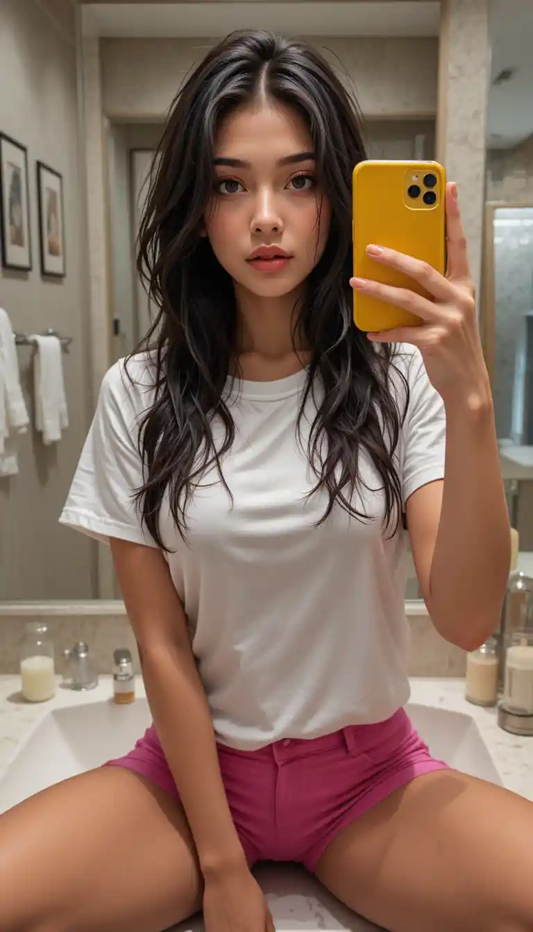 Junge Frau macht ein Spiegel-Selfie in einem modernen Badezimmer