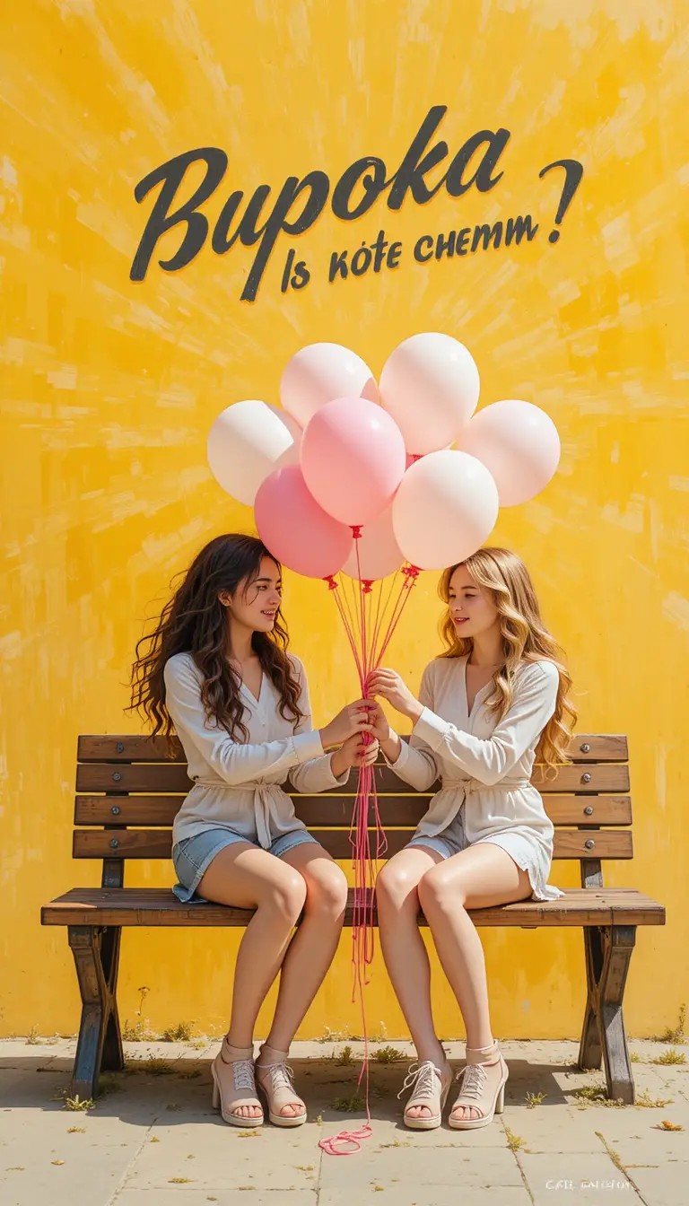 Two young friends inflating pastel balloons on a bench