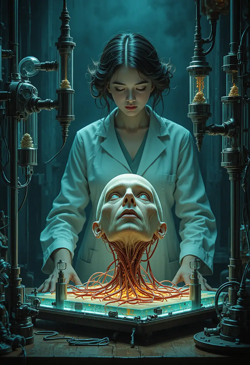 Woman confronting a living severed head in a lab