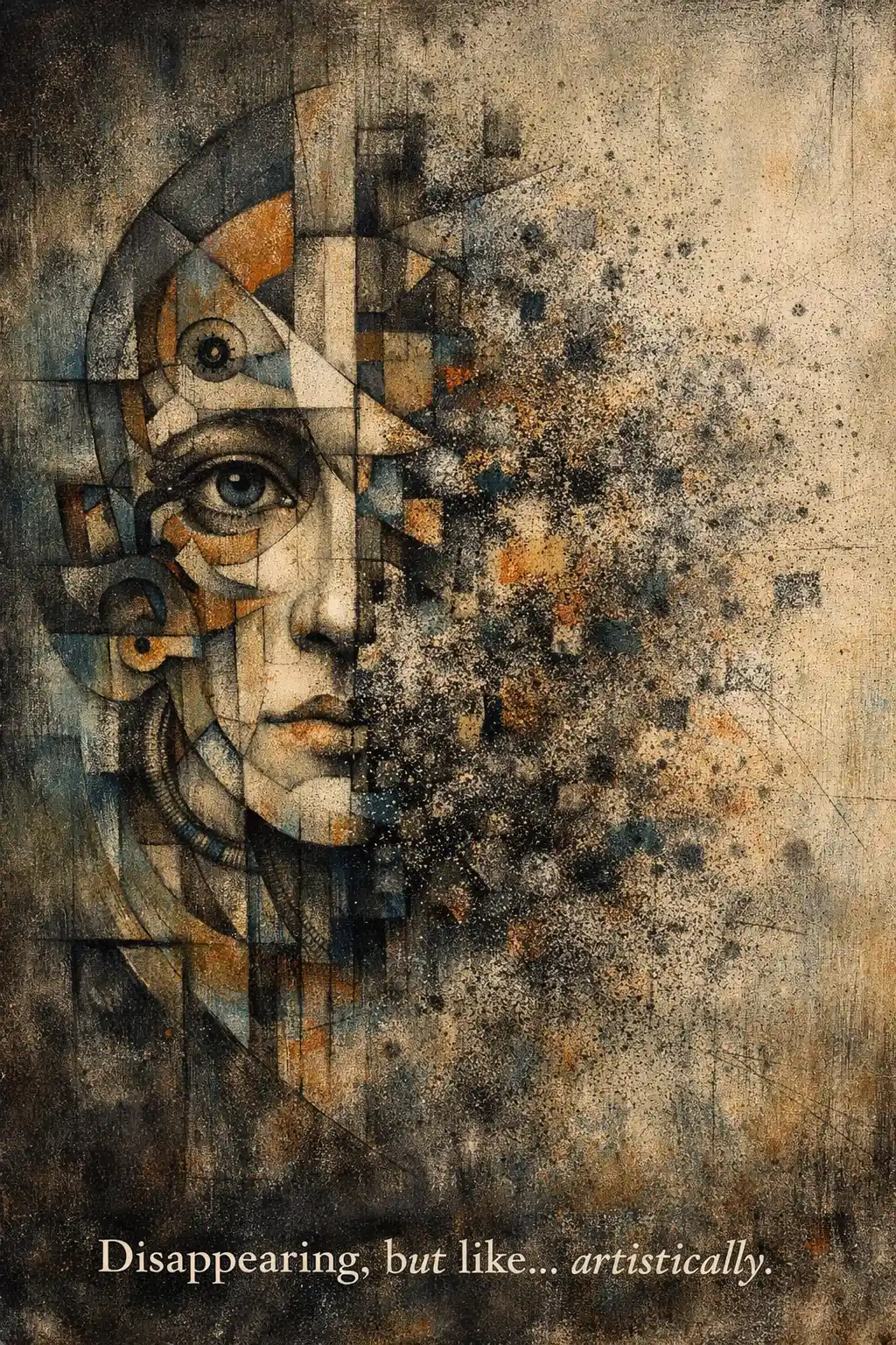 Half dissolved face fading into abstract textured grain