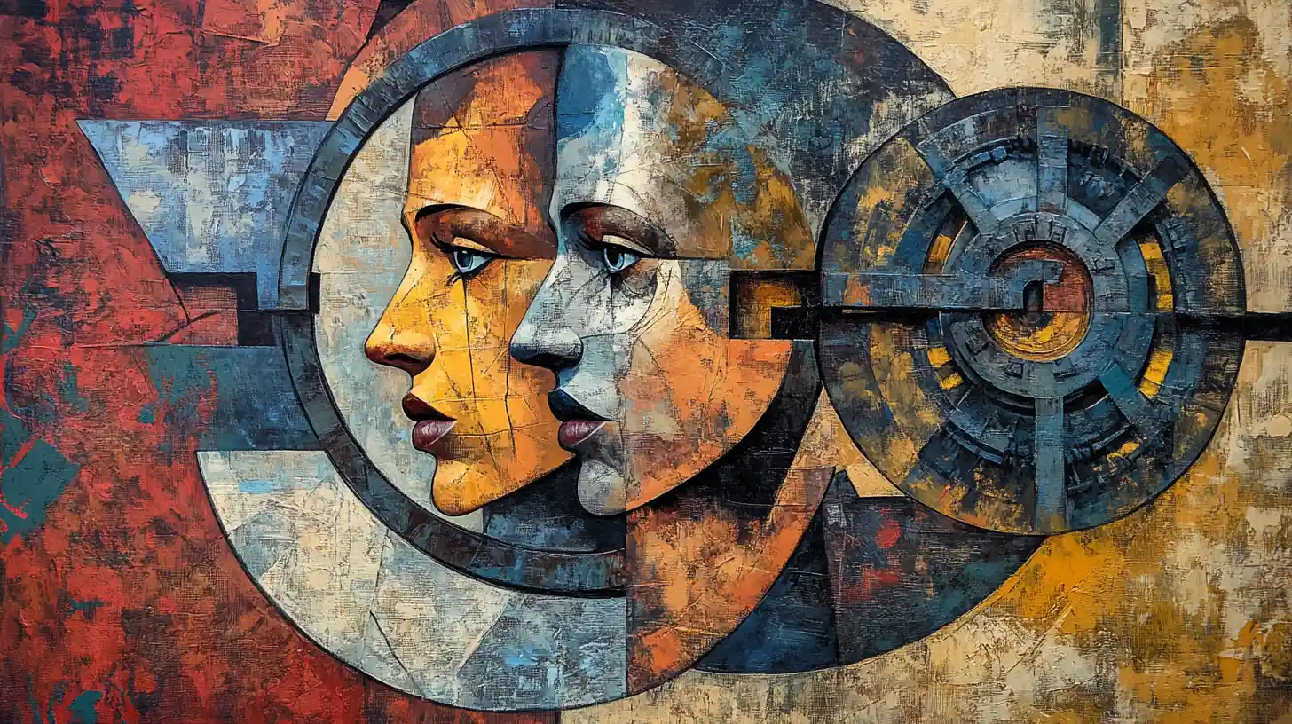 Surreal cubist portrait of fragmented mechanical human faces