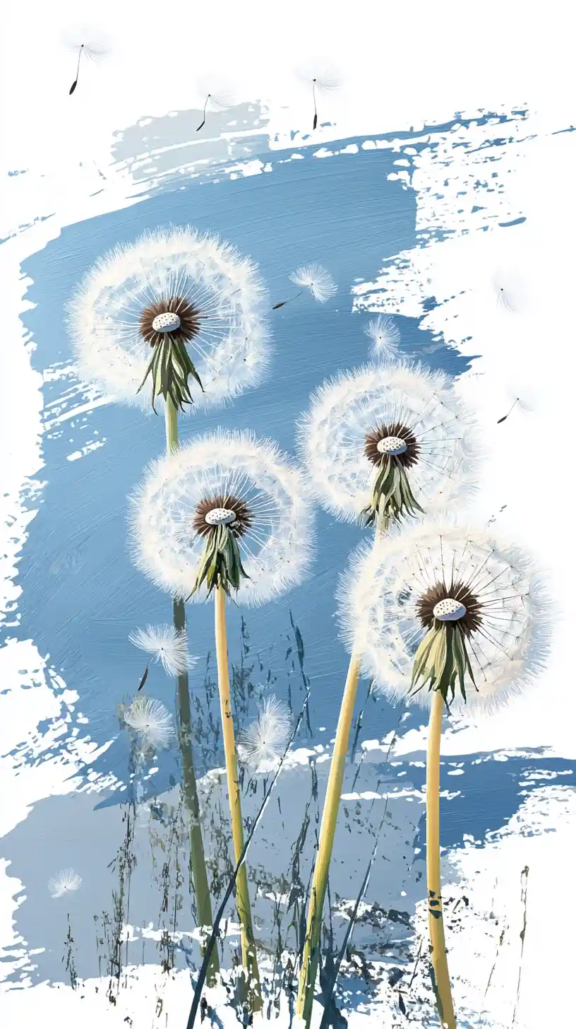 Magical dandelions blowing in the wind on a sunny sky