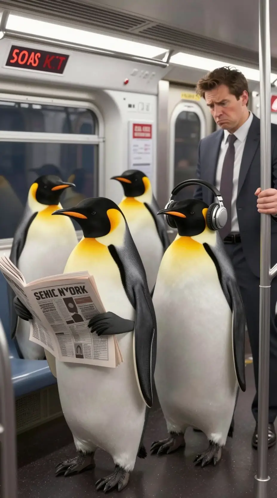 Pinguini imperatore su una metropolitana affollata di New York