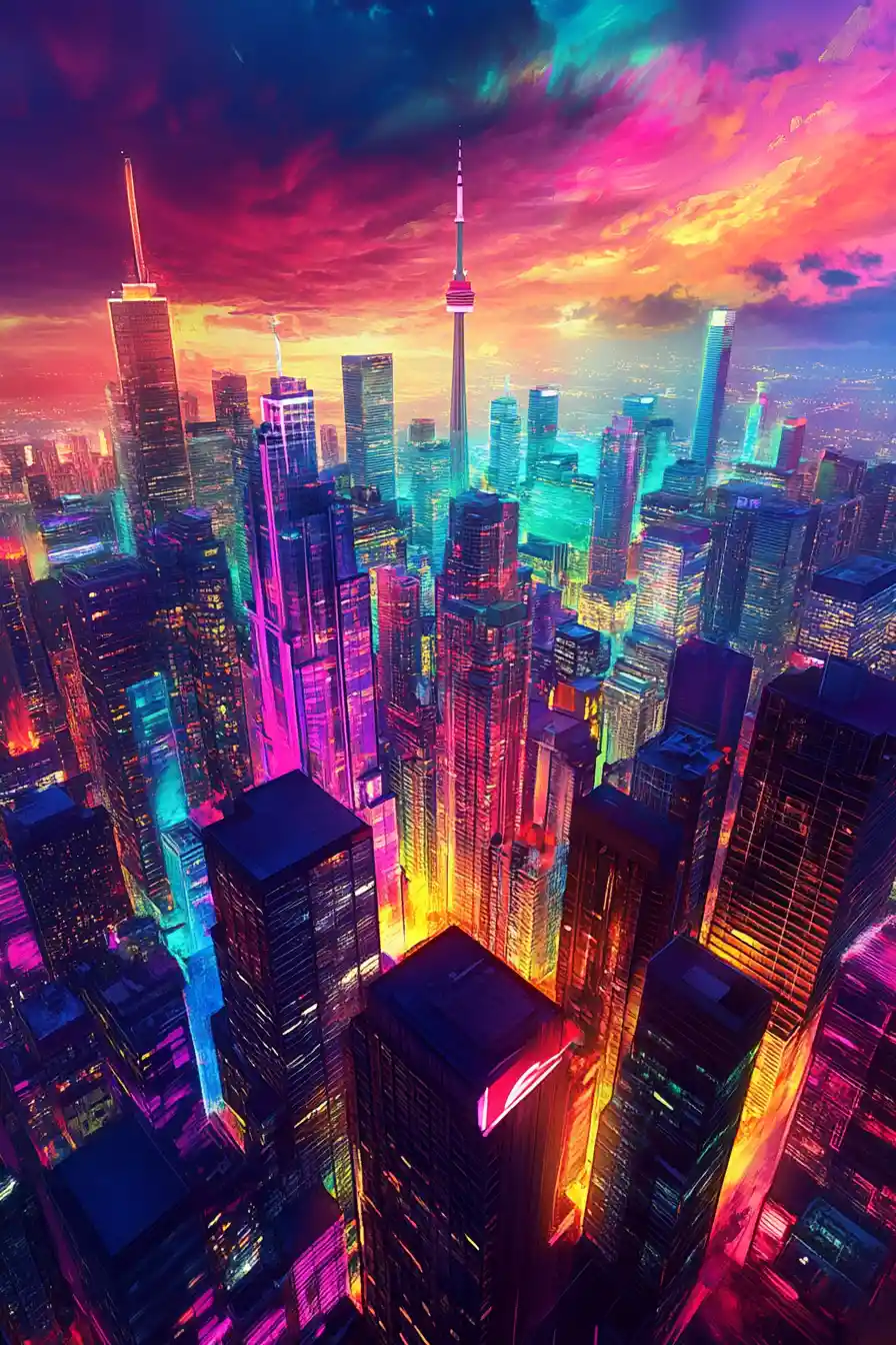 Surreal Aerial View Of Vibrant Toronto City Skyline