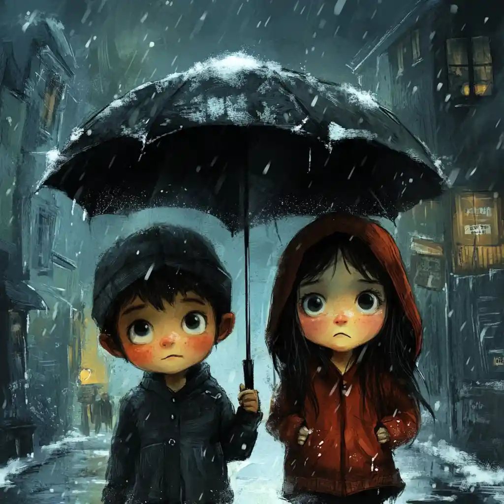 Curious siblings under umbrellas in a strange snowy town