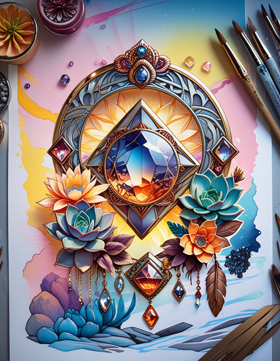 Böhmischer Kristallschmuck mit Neon-Sukkulenten – Tattoo-Illustration