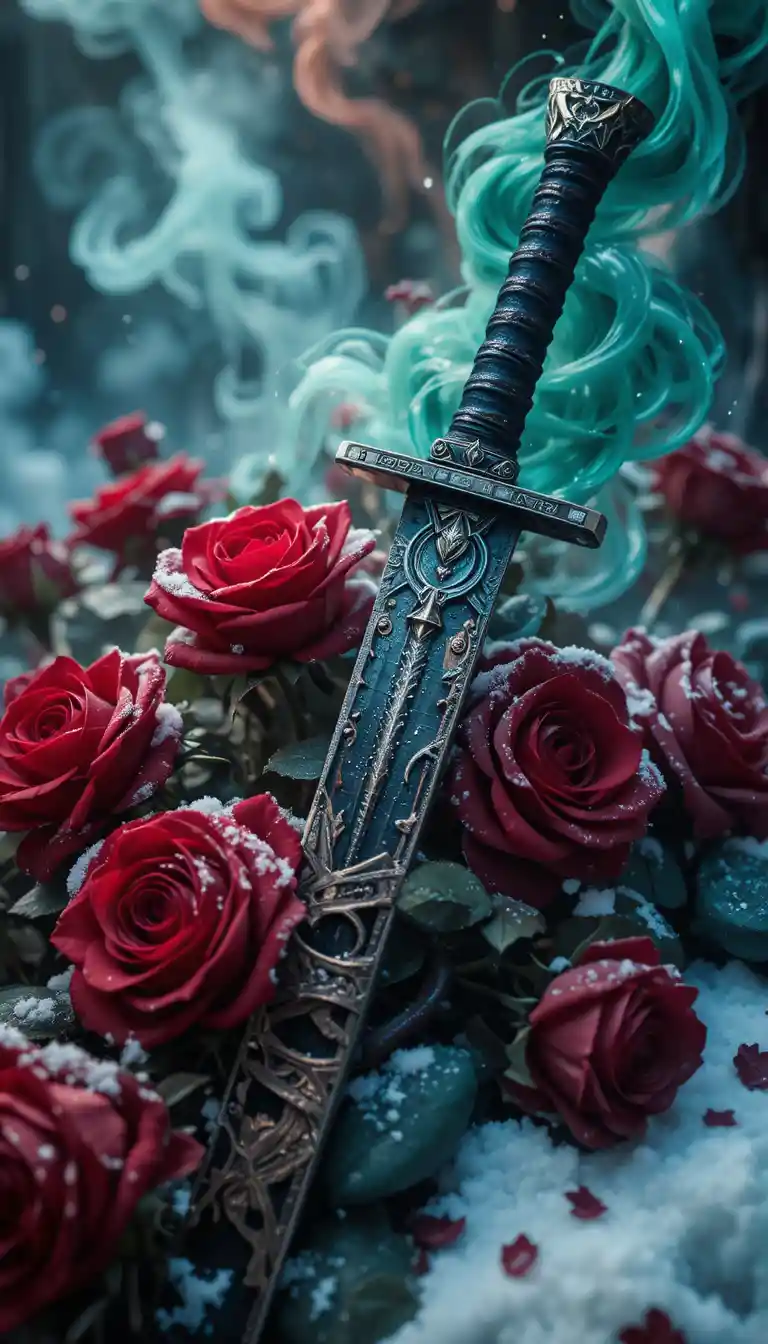 Primo piano di una lama di katana in ossidiana appoggiata su rose nella neve