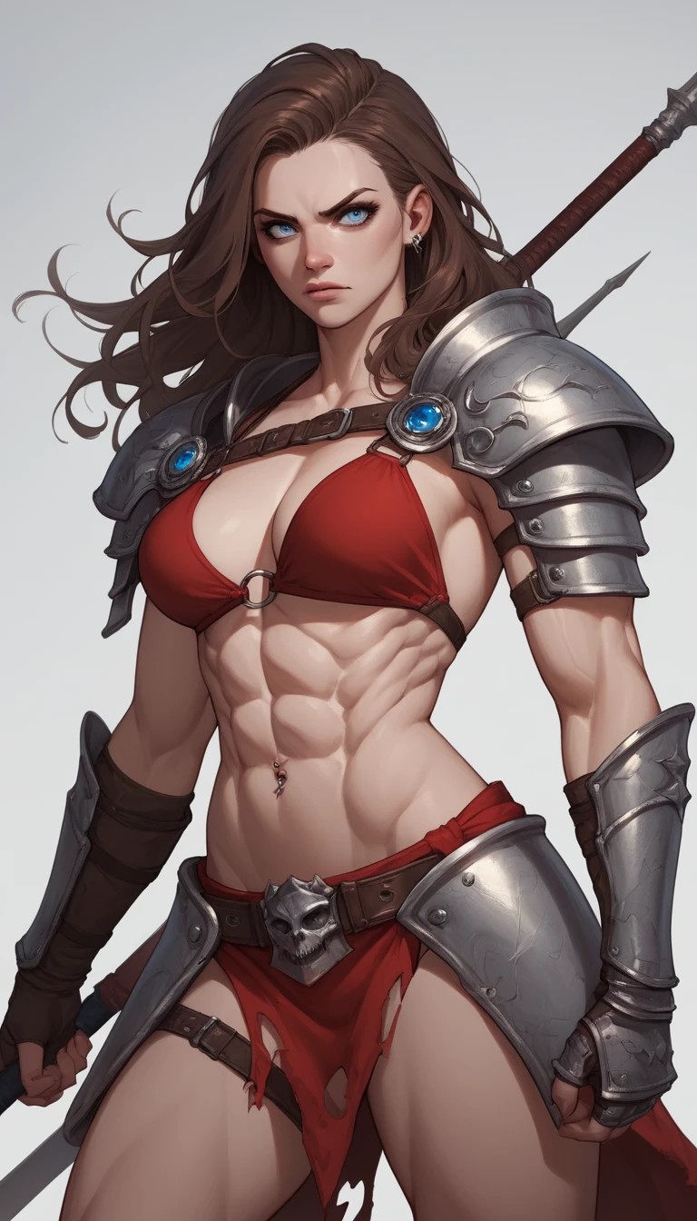Armored warrior woman in red bikini top and skirt