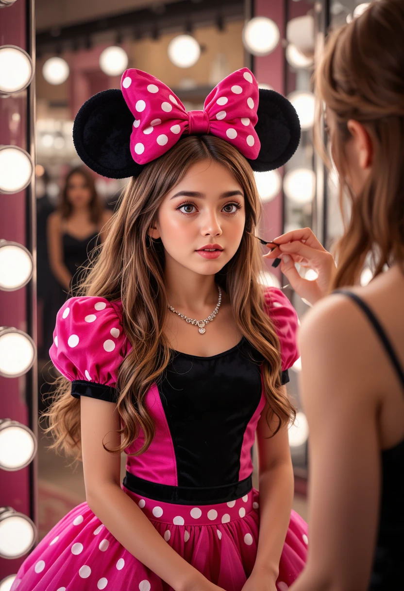 Giovane ragazzo con vestito rosa di Minnie nella sala trucco di una boutique
