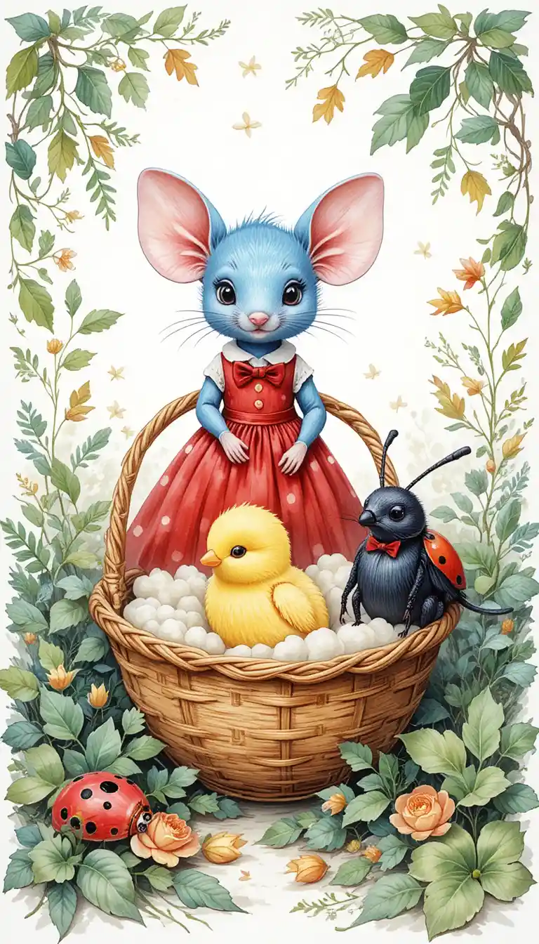 Whimsical Blue Mouse With Chick And Beetle Companions